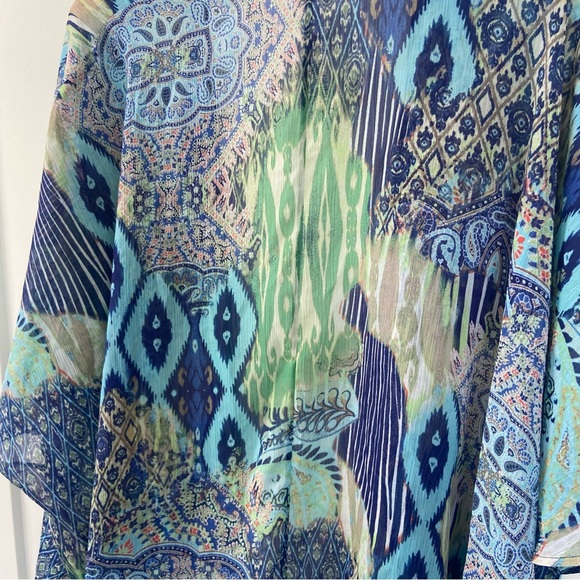 Chico’s Blue Green Ikat Sheer Kimono Open Front Top Small/Medium - Picture 3 of 5
